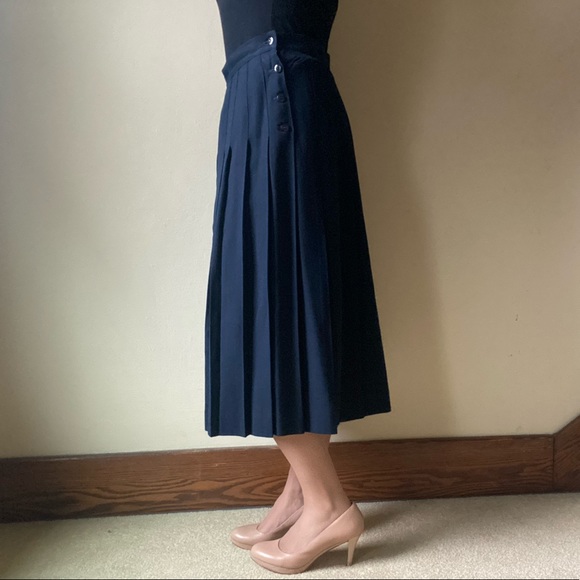 Talbots 100% wool vintage modest navy blue long pleated skirt suit set blazer - Picture 3 of 13